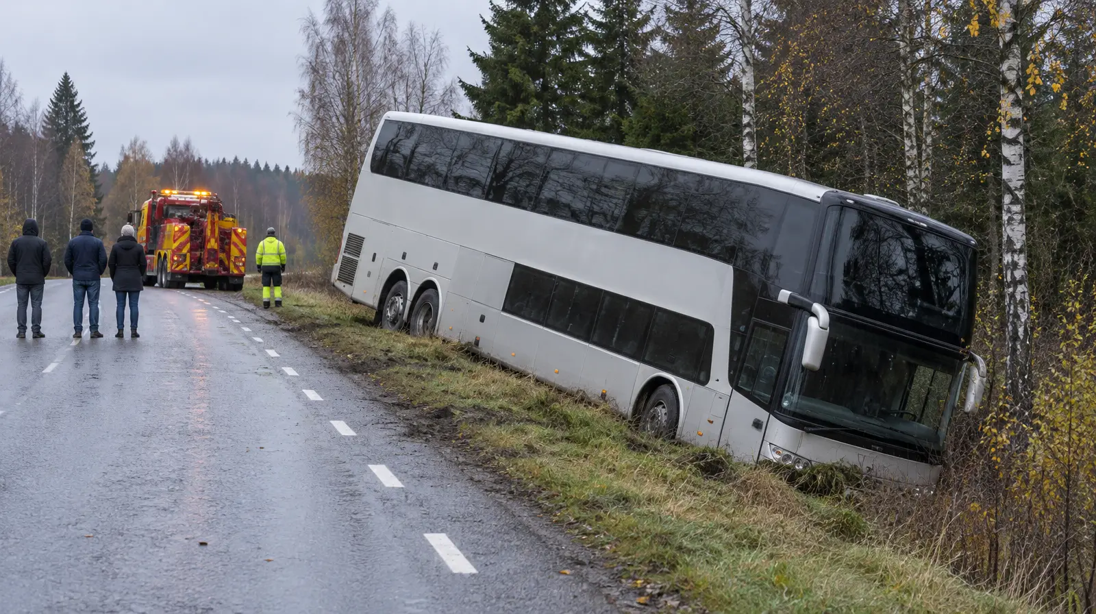 Dubbeldäckarbuss körde i diket på väg 161 utanför Uddevalla