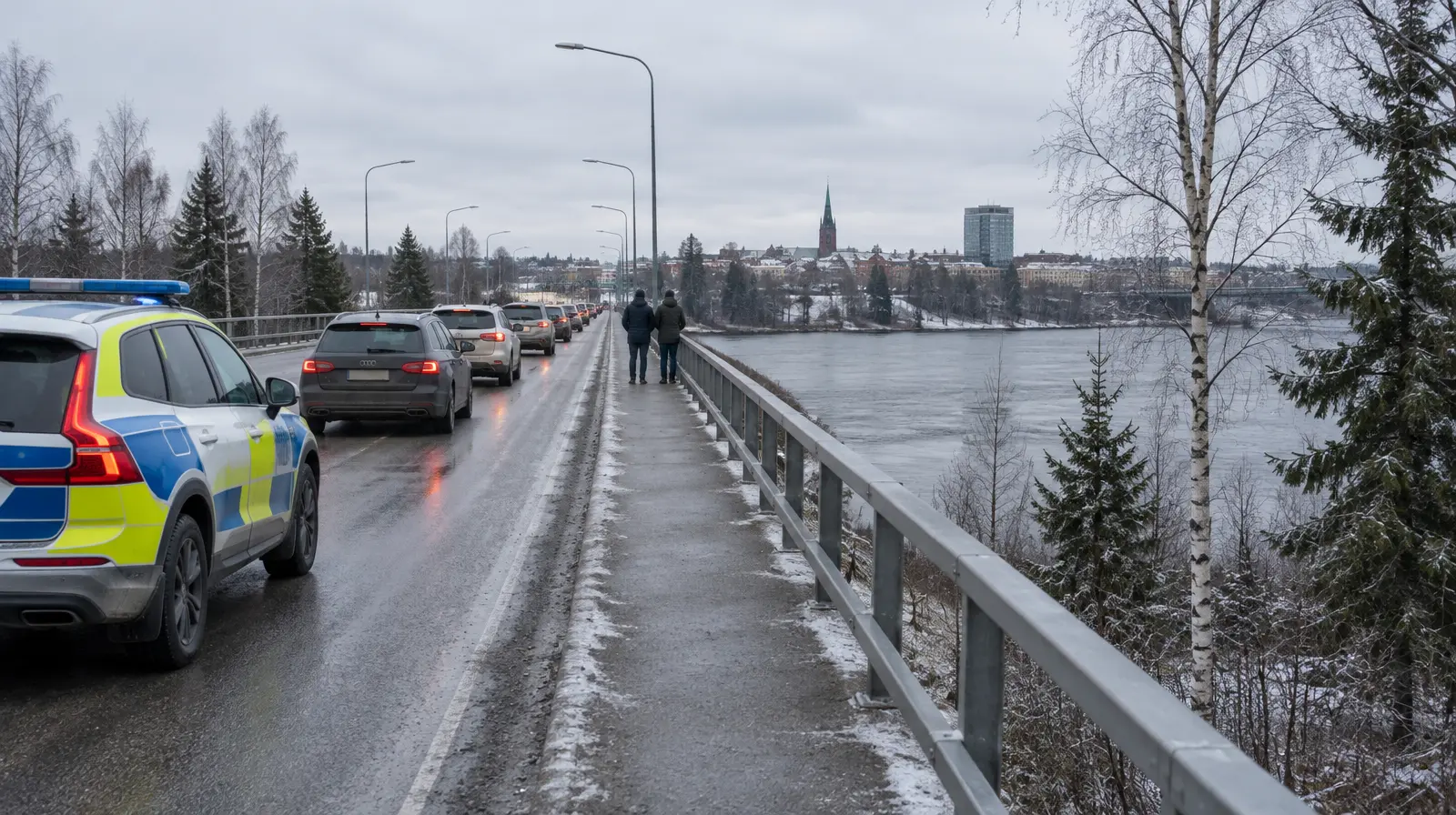 Fyra bilar och polisbil inblandade i seriekrock på Baggbölebron i Umeå