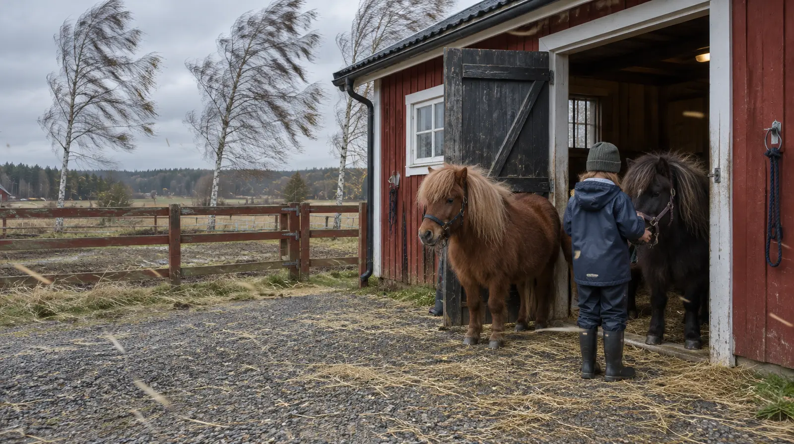 Rut, 11, stoppar bomull i ponnyns öron inför stormen Boelo
